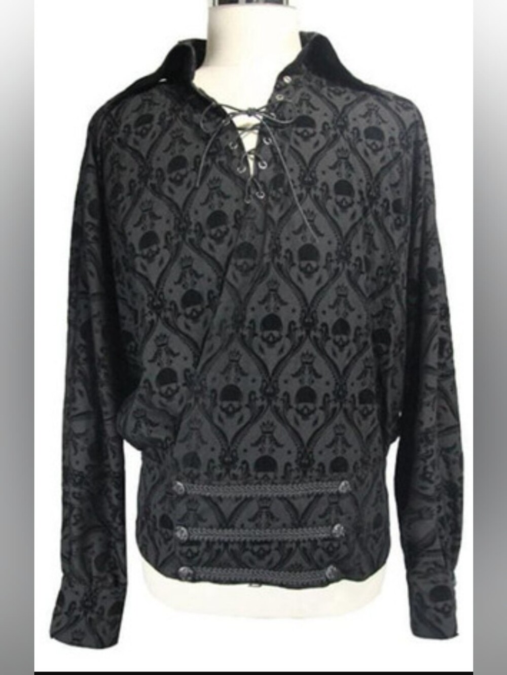 Men's Black Skull Damask Lace-Up Lightweight Goth Shirt